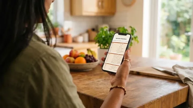 Planilha de planejamento aberta no celular, na mão, na cozinha